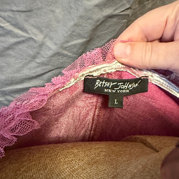 Pink Lace-Trim Soft Crushed Velvet Betsey Johnson Dress with Rose Appliques - Picture 5 of 5